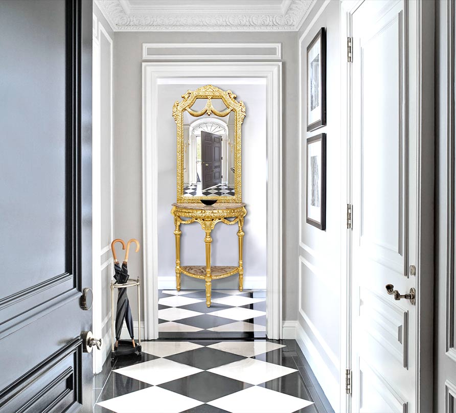 console demi-lune avec miroir de style baroque en bois doré et marbre beige Royal Art Palace
